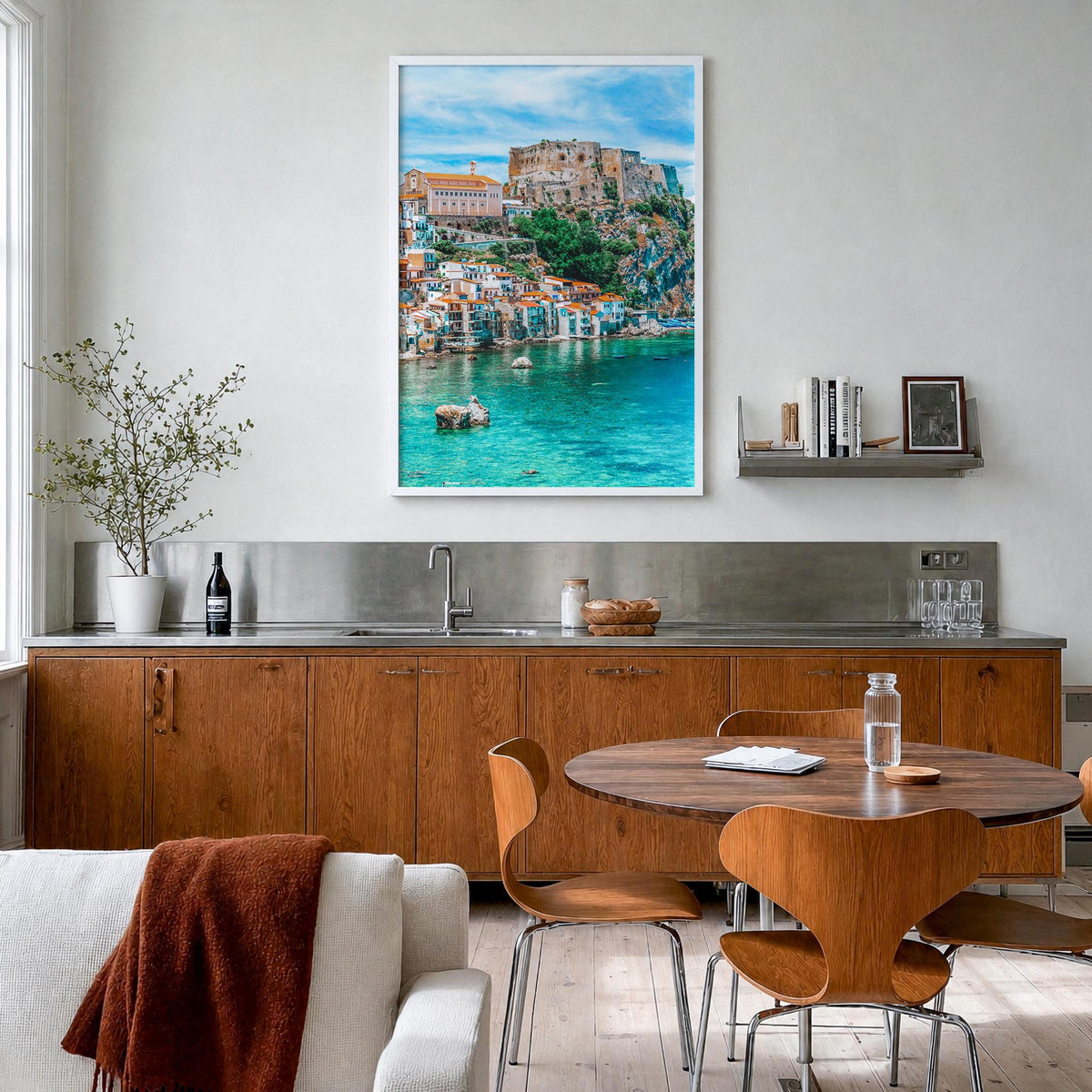 Calabria no. 1 colorful photo poster of Italy – vertical wall art in white wood frame, hanging on wall