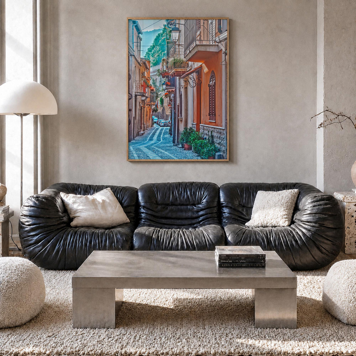 Calabria no. 2 colorful photo poster of Italy – vertical wall art in natural wood frame, hanging on wall