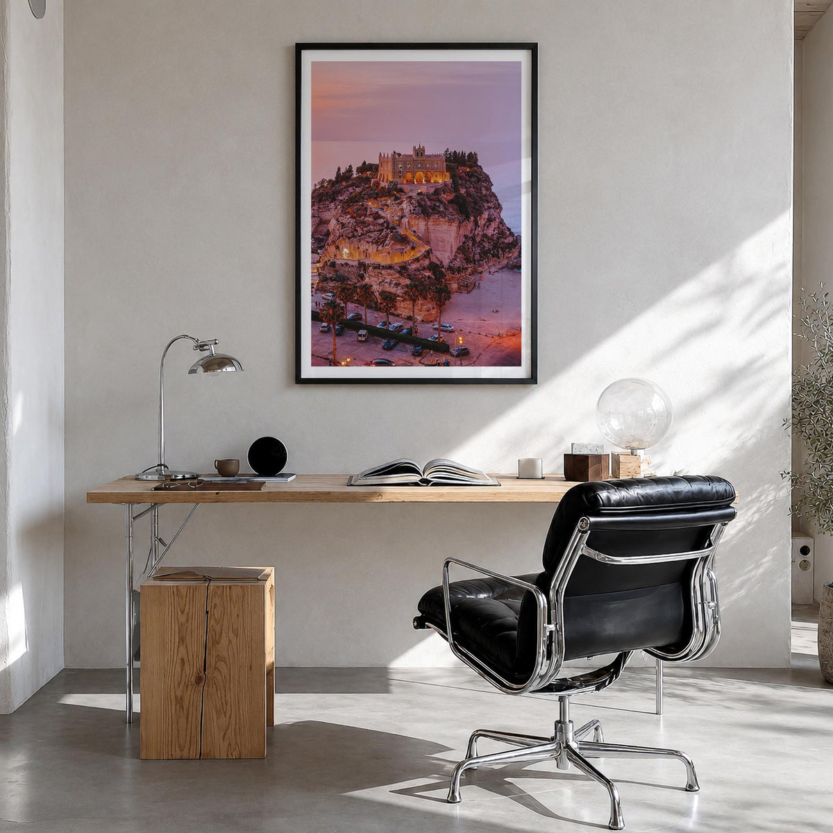 Calabria no. 3 colorful photo poster of Italy – vertical wall art in black wood frame with white border, hanging on wall