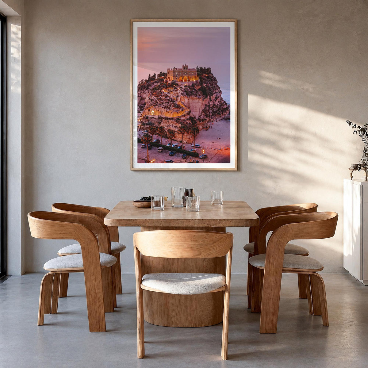 Calabria no. 3 colorful photo poster of Italy – vertical wall art in natural wood frame with white border, hanging on wall