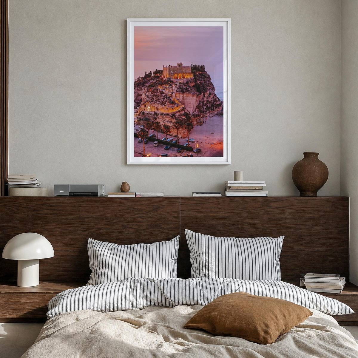 Calabria no. 3 colorful photo poster of Italy – vertical wall art in white wood frame with white border, hanging on wall