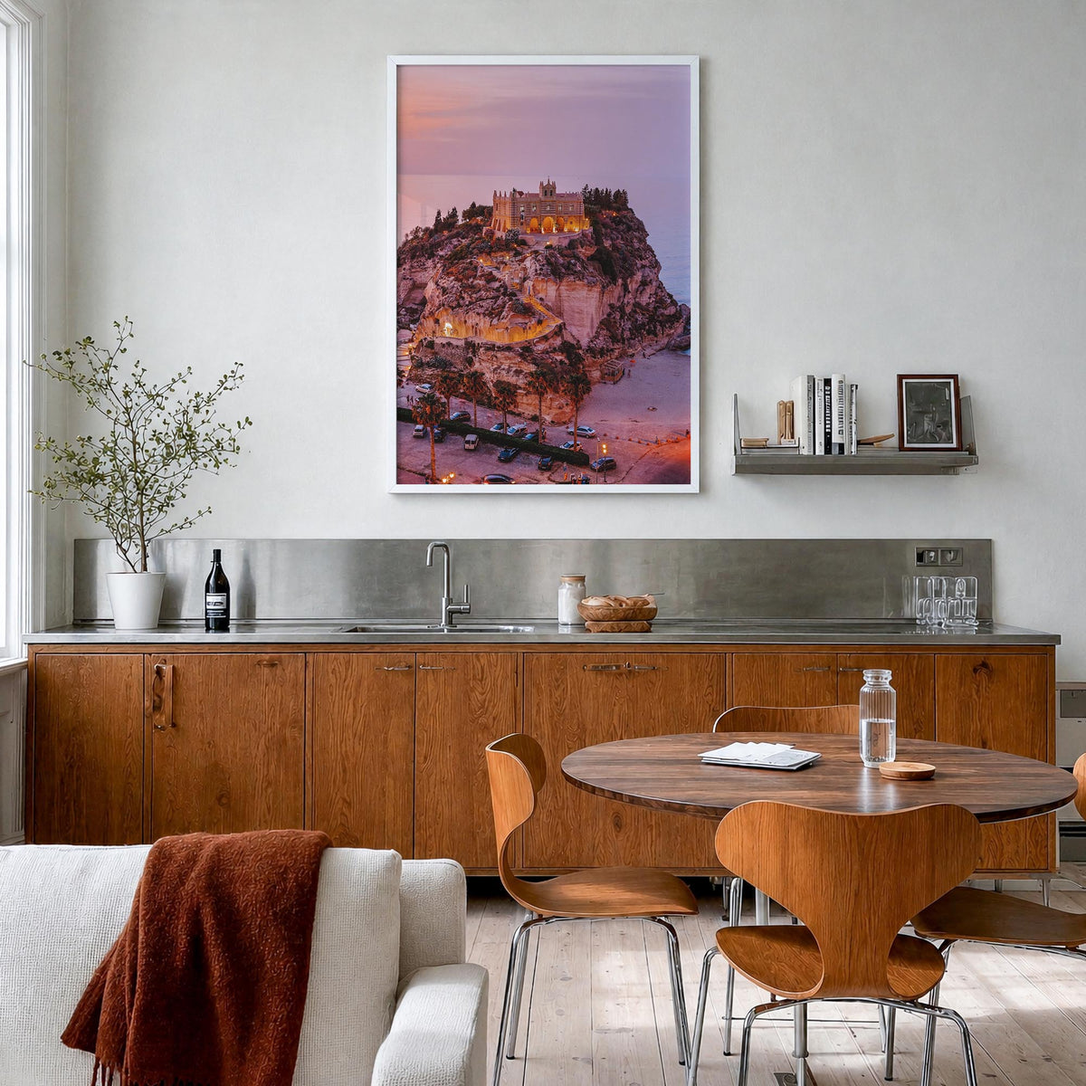 Calabria no. 3 colorful photo poster of Italy – vertical wall art in white wood frame, hanging on wall