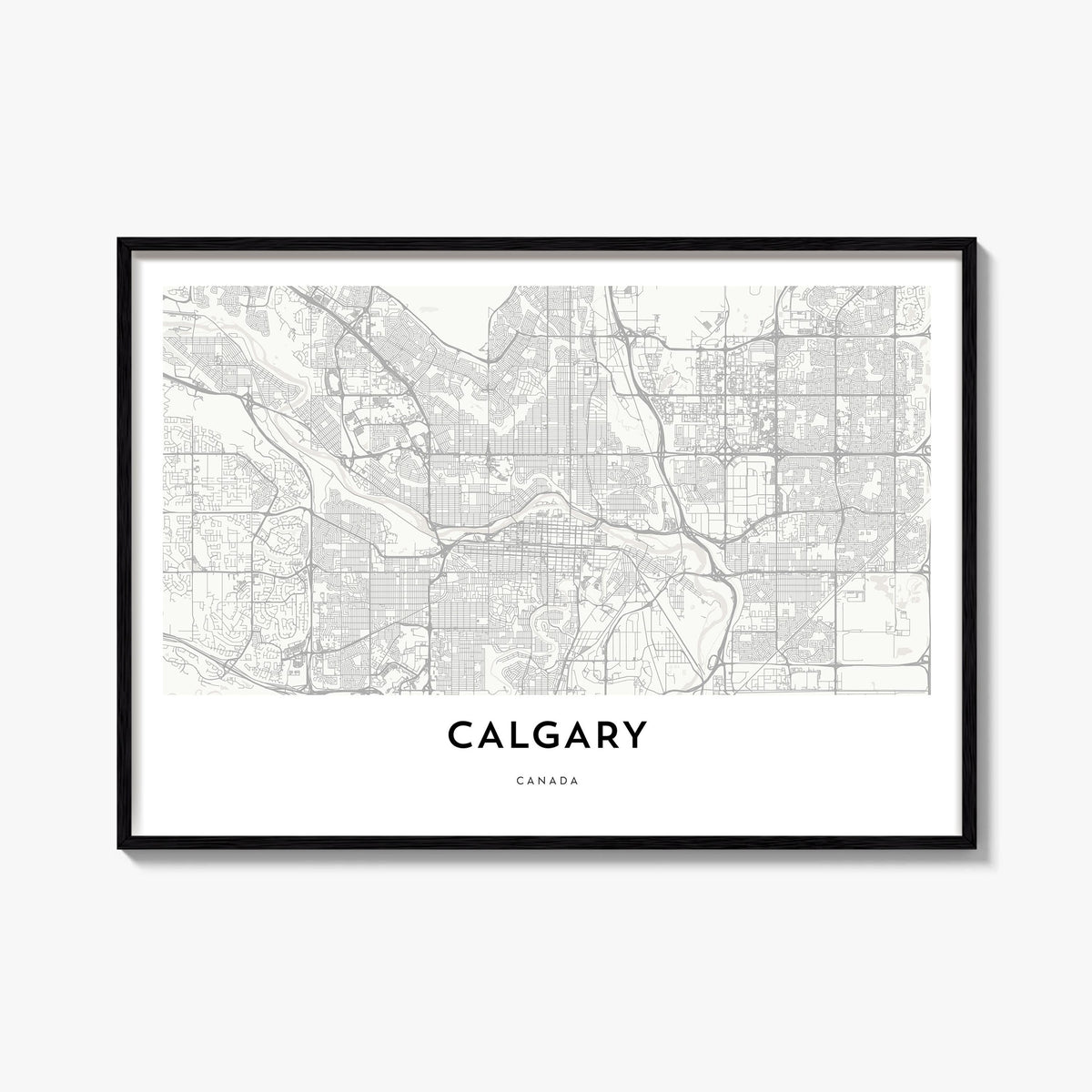 Calgary black & white map poster of Alberta, Canada – horizontal wall art, unframed print shown in interior mockup