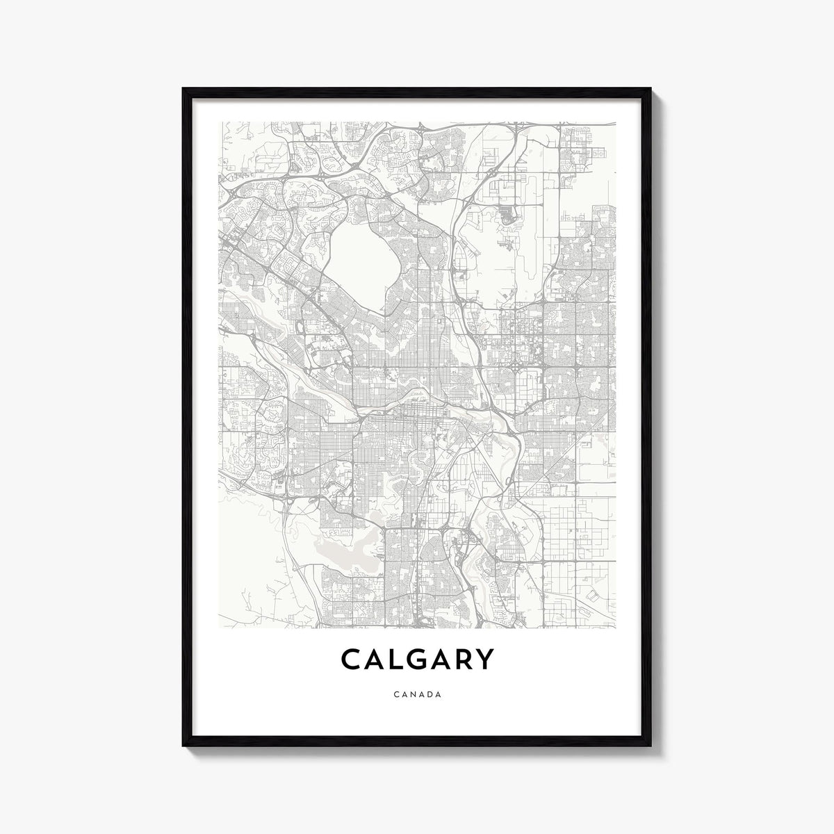 Calgary black & white map poster of Alberta, Canada – vertical wall art, unframed print shown in interior mockup
