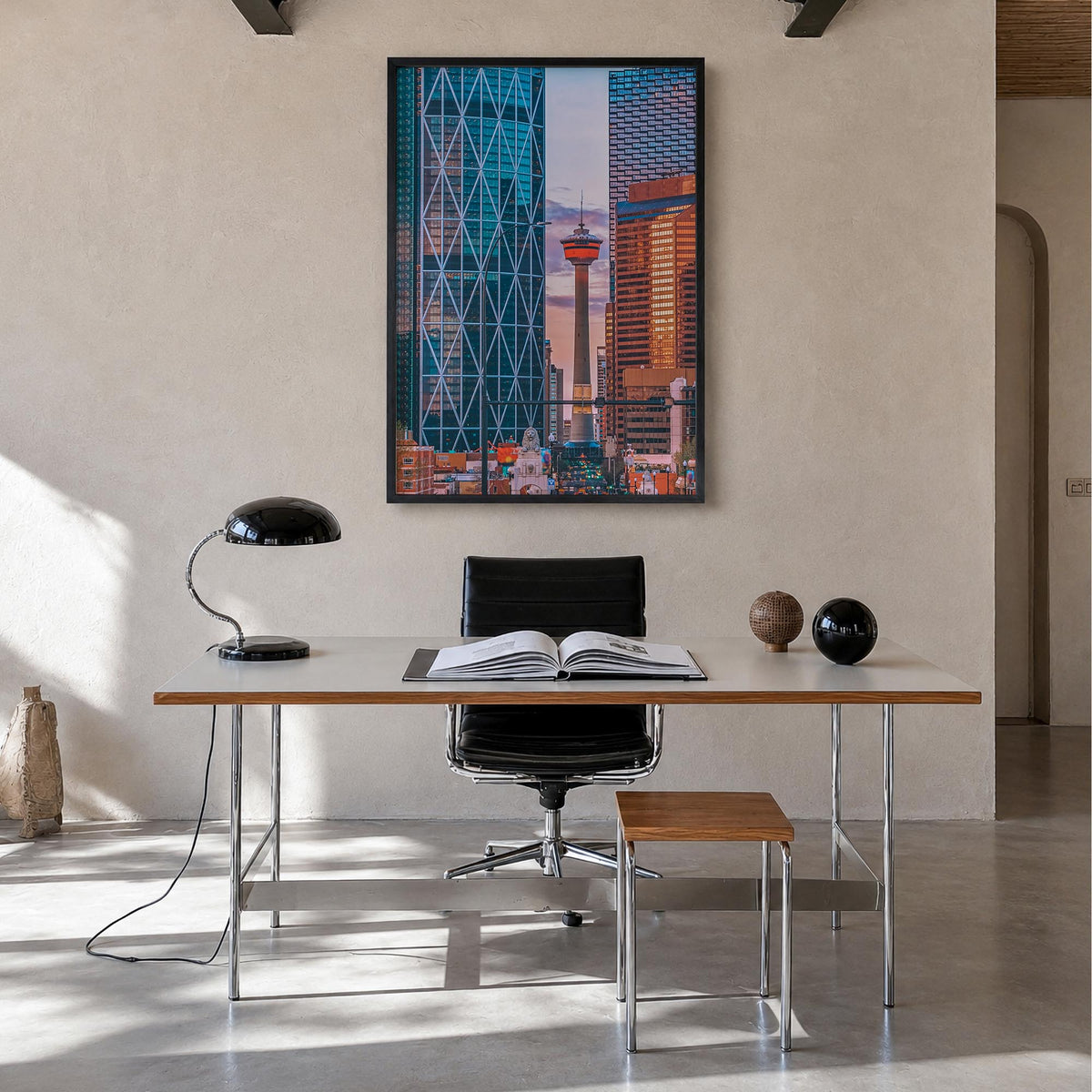 Calgary colorful photo poster of Alberta, Canada – vertical wall art in black wood frame, hanging on wall
