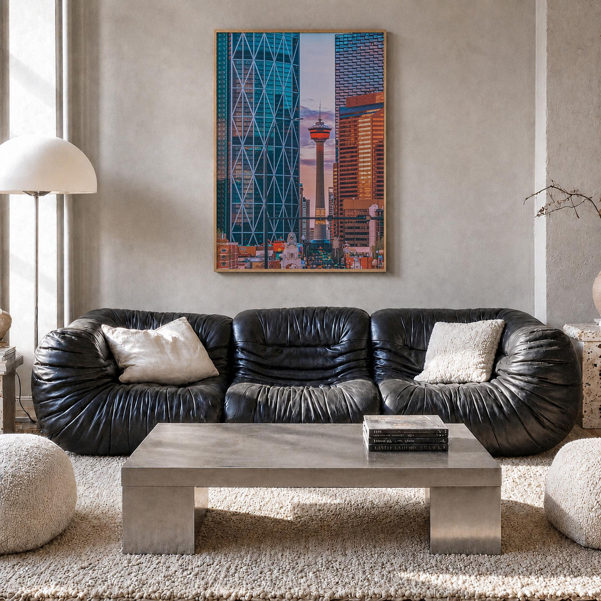 Calgary colorful photo poster of Alberta, Canada – vertical wall art in natural wood frame, hanging on wall