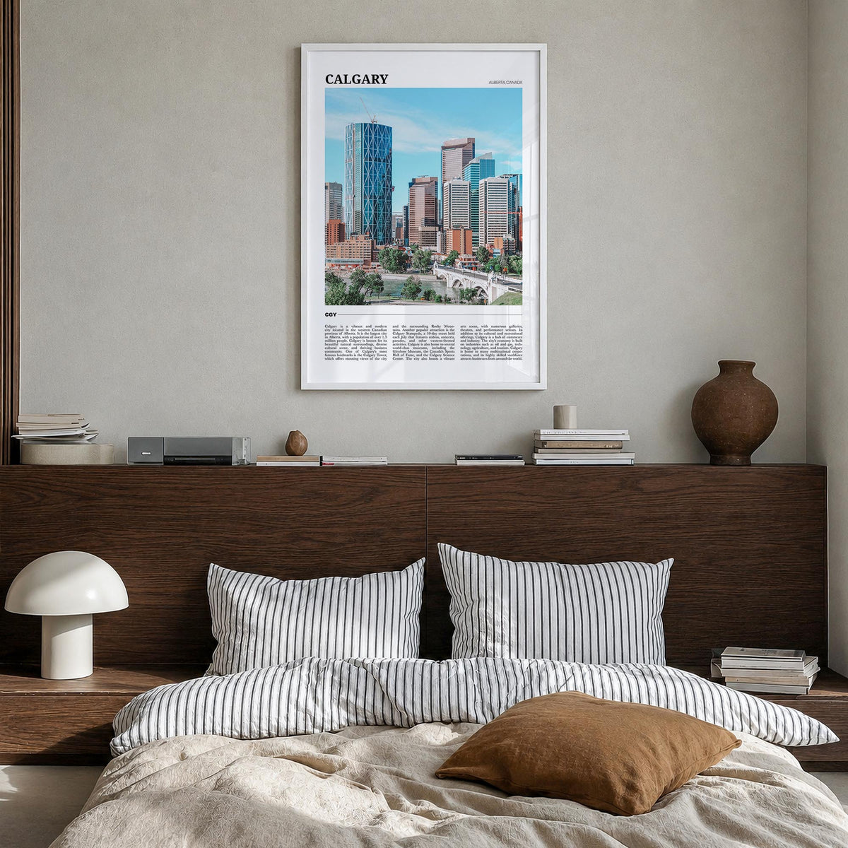 Calgary colorful travel poster of Alberta, Canada – vertical wall art in white wood frame, hanging on wall
