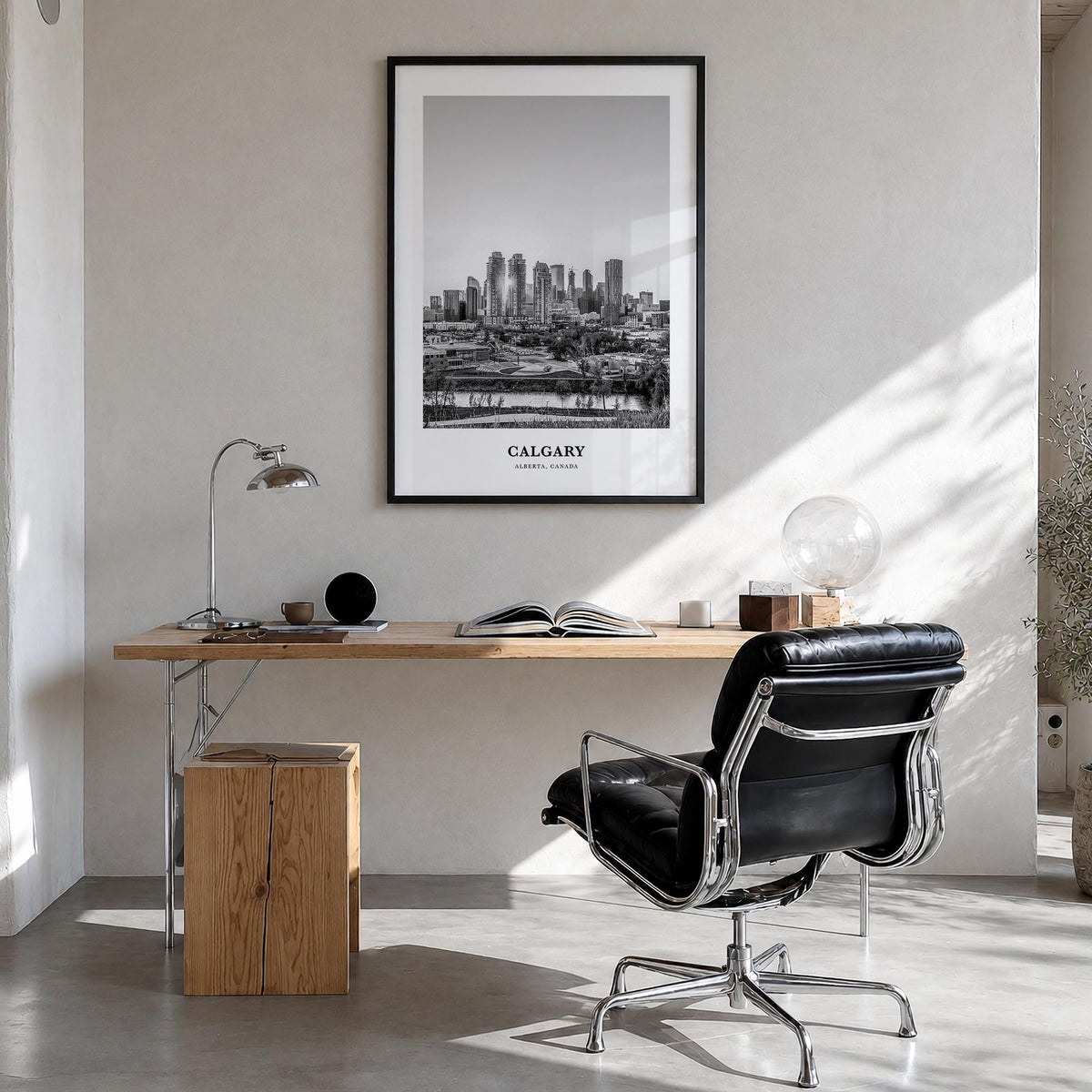 Calgary no. 3 black & white classic poster of Alberta, Canada – vertical wall art in black wood frame, hanging on wall