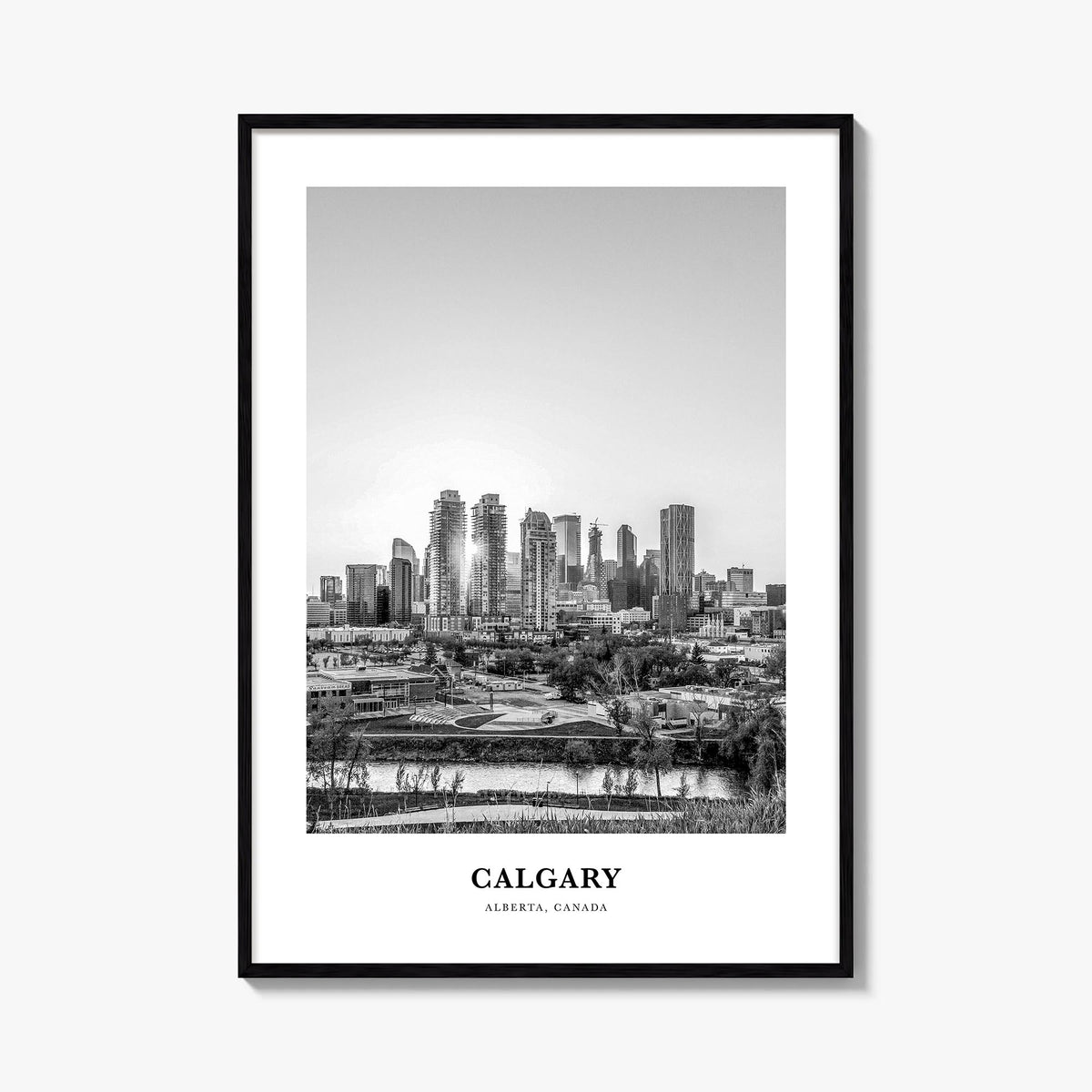 Calgary no. 3 black & white classic poster of Alberta, Canada – vertical wall art, unframed print shown in interior mockup