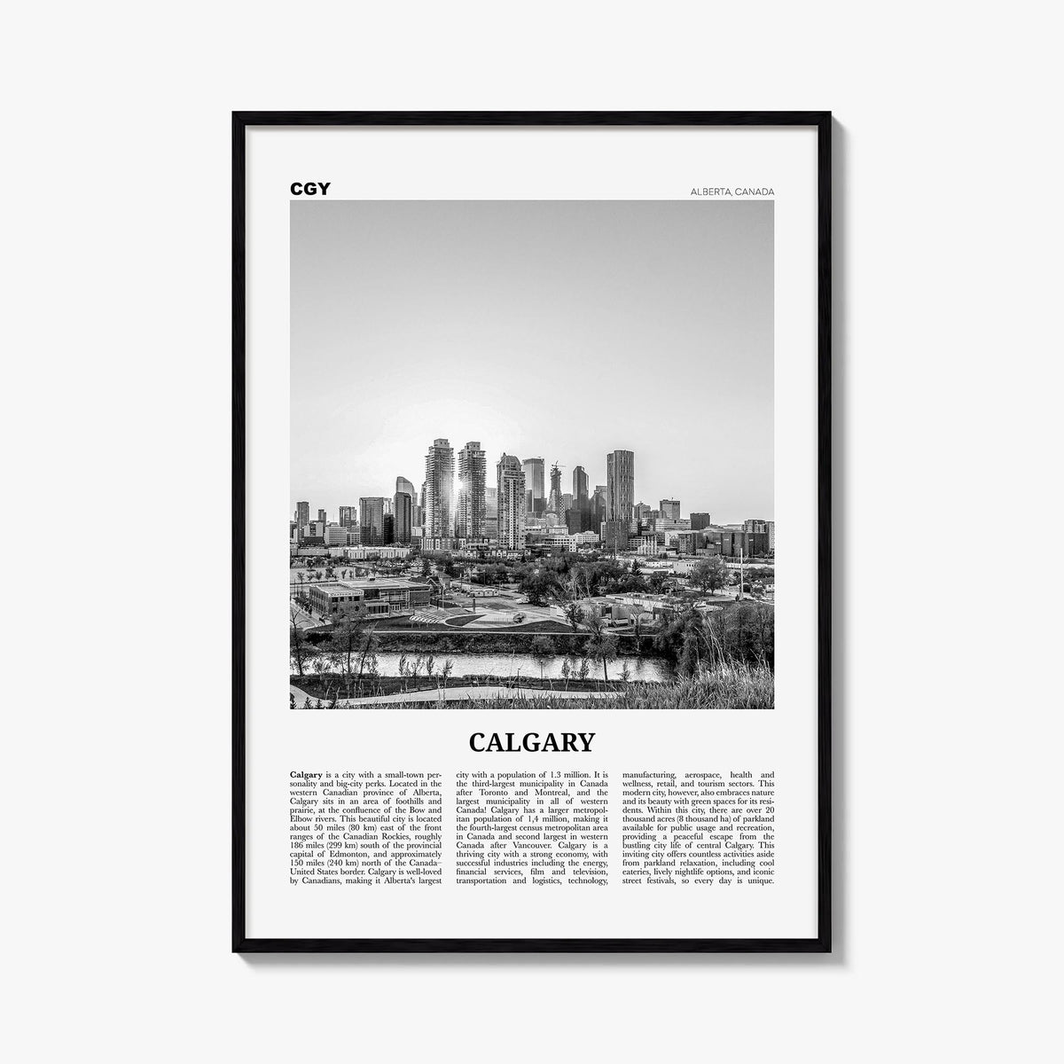 Calgary no. 3 black & white newspaper poster of Alberta, Canada – vertical wall art, unframed print shown in interior mockup