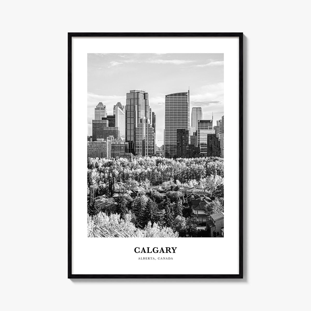 Calgary no. 4 black & white classic poster of Alberta, Canada – vertical wall art, unframed print shown in interior mockup