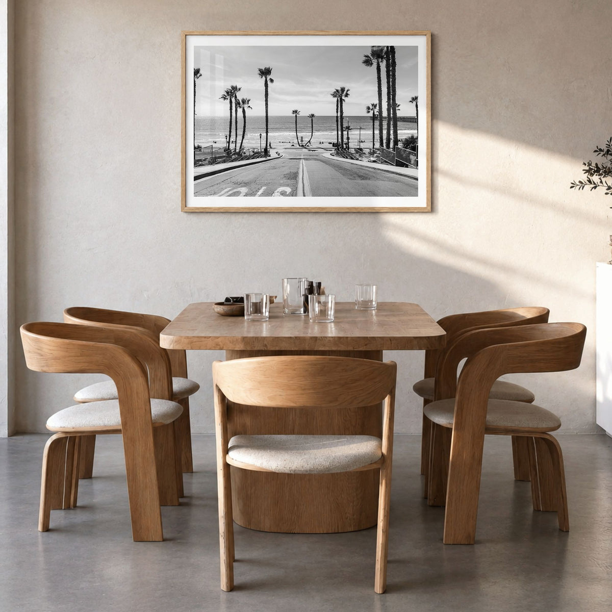 California Photo No 1 Poster in a natural wood frame, hanging in a dining room, white border