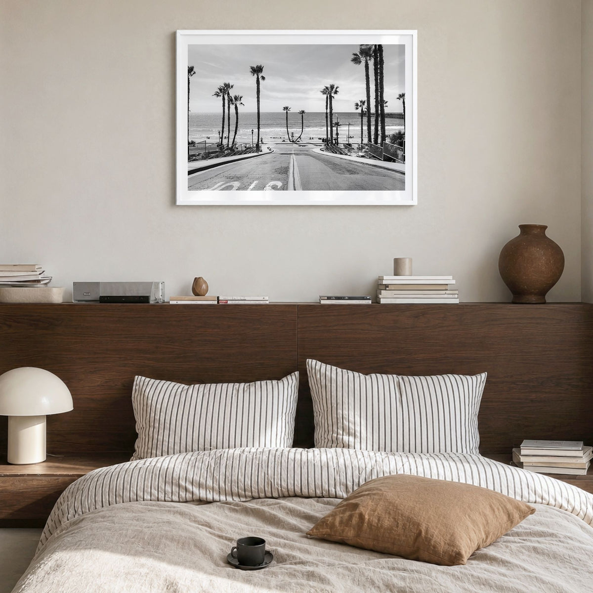 California Photo No 1 Poster in a white wood frame, hanging in a bedroom, white border
