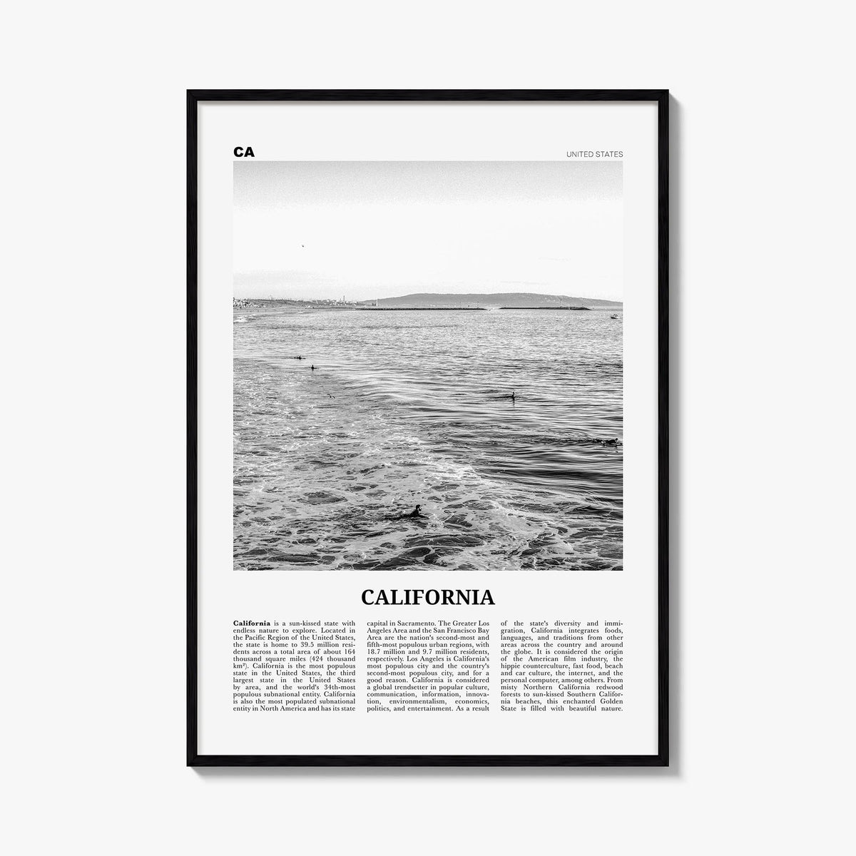 California no. 3 black & white newspaper poster of United States – vertical wall art, unframed print shown in interior mockup