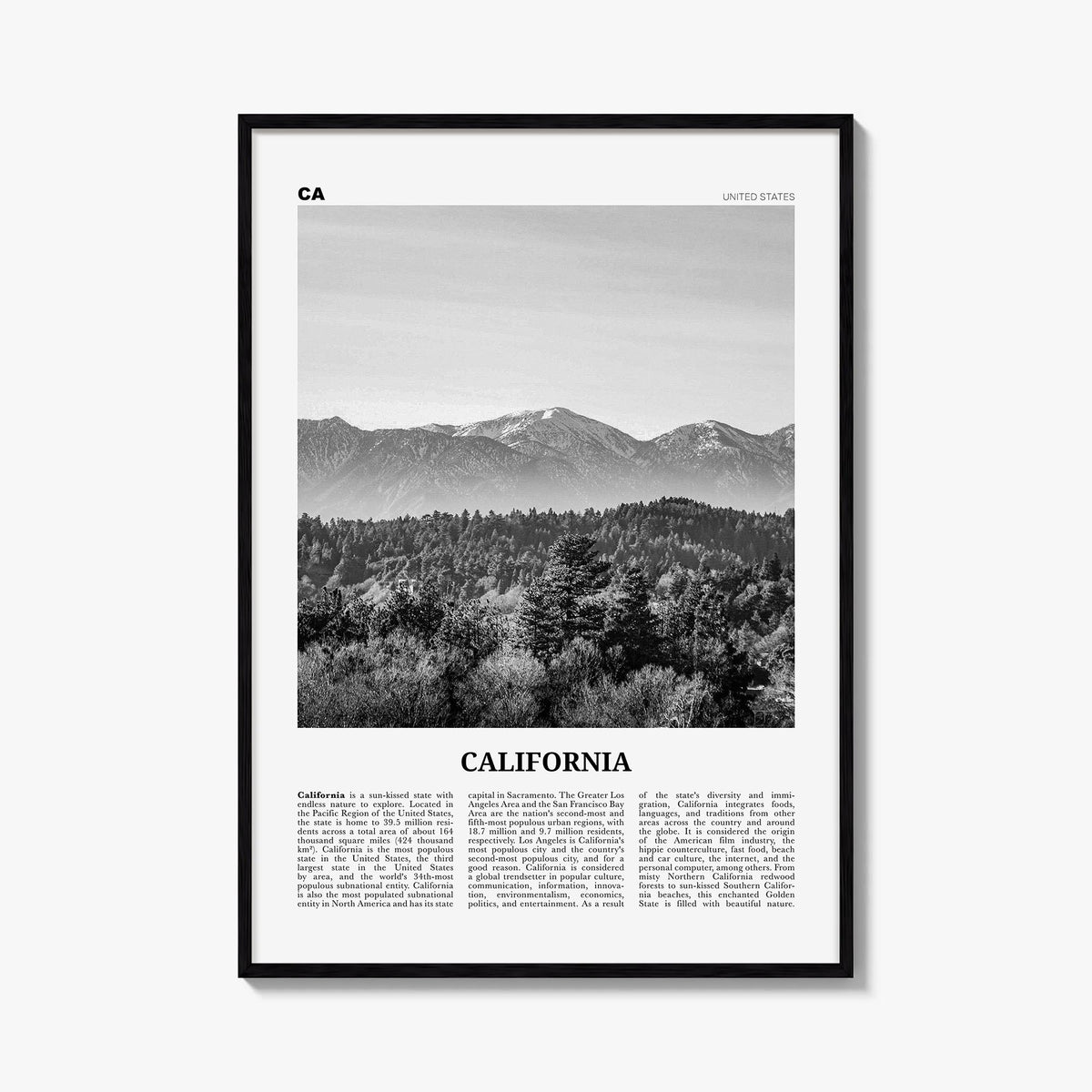 California no. 4 black & white newspaper poster of United States – vertical wall art, unframed print shown in interior mockup
