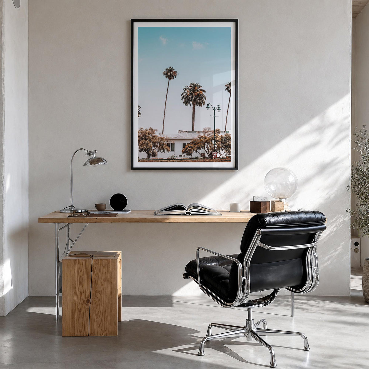 California no. 4 colorful photo poster of USA – vertical wall art in black wood frame with white border, hanging on wall