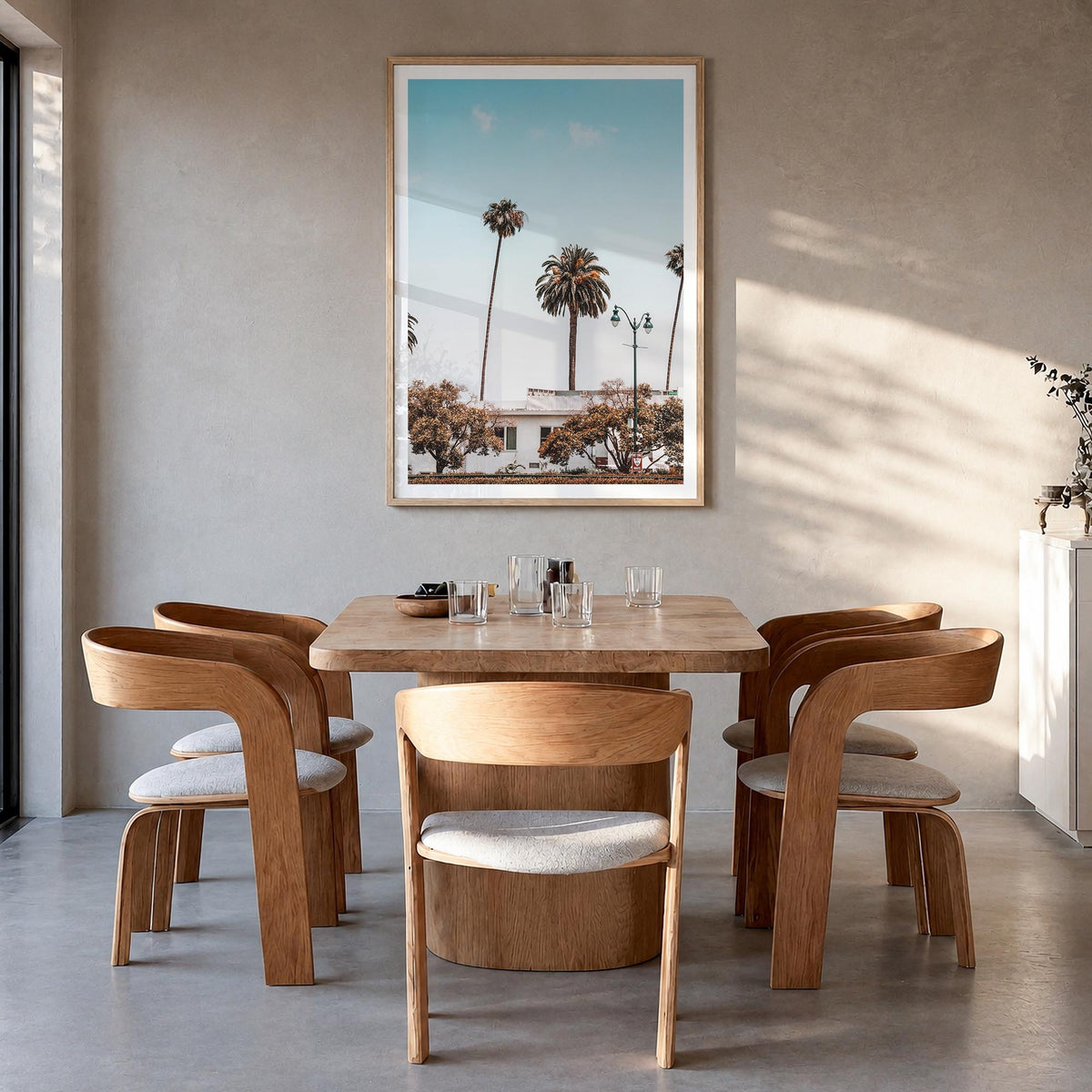 California no. 4 colorful photo poster of USA – vertical wall art in natural wood frame with white border, hanging on wall