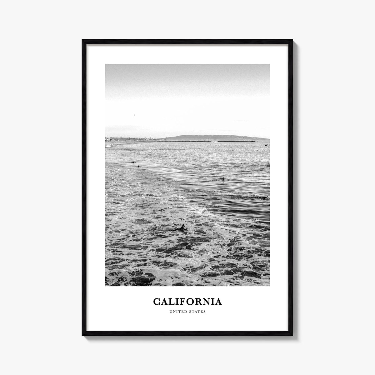 California no. 5 black & white classic poster of United States – vertical wall art, unframed print shown in interior mockup