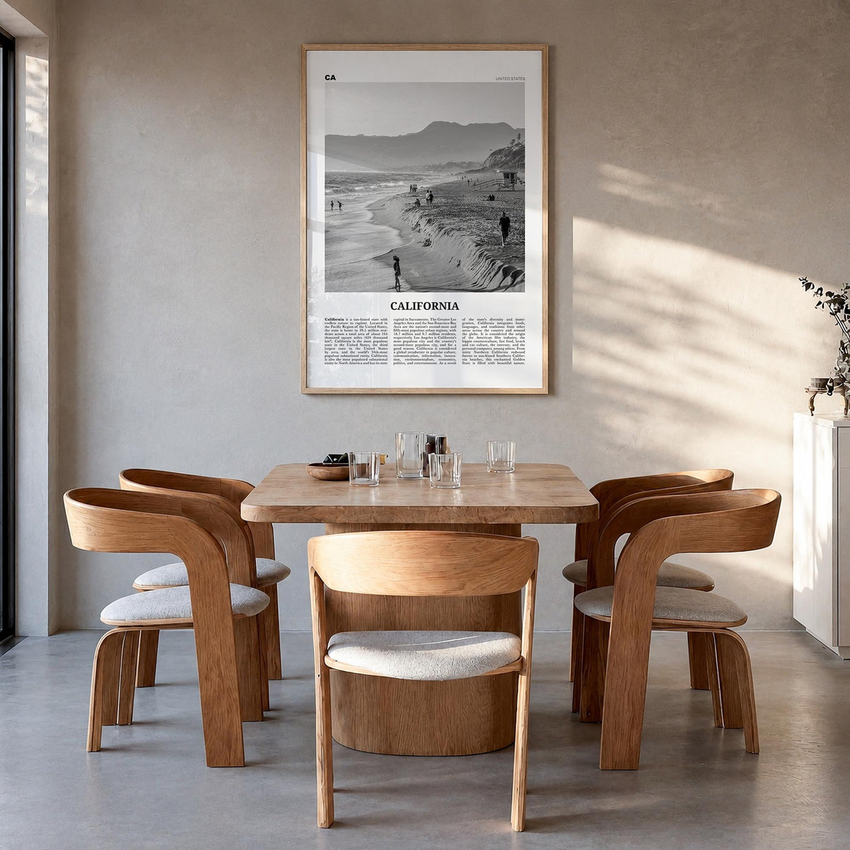 California no. 5 black & white newspaper poster of United States – vertical wall art in natural wood frame, hanging on wall