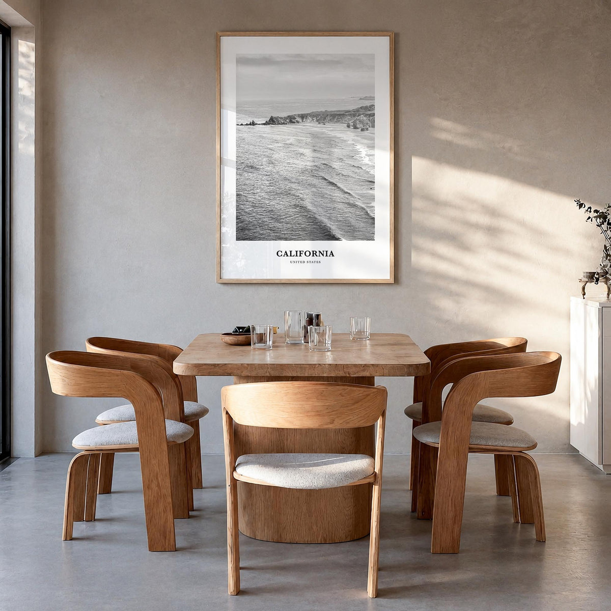 California no. 6 black & white classic poster of United States – vertical wall art in natural wood frame, hanging on wall