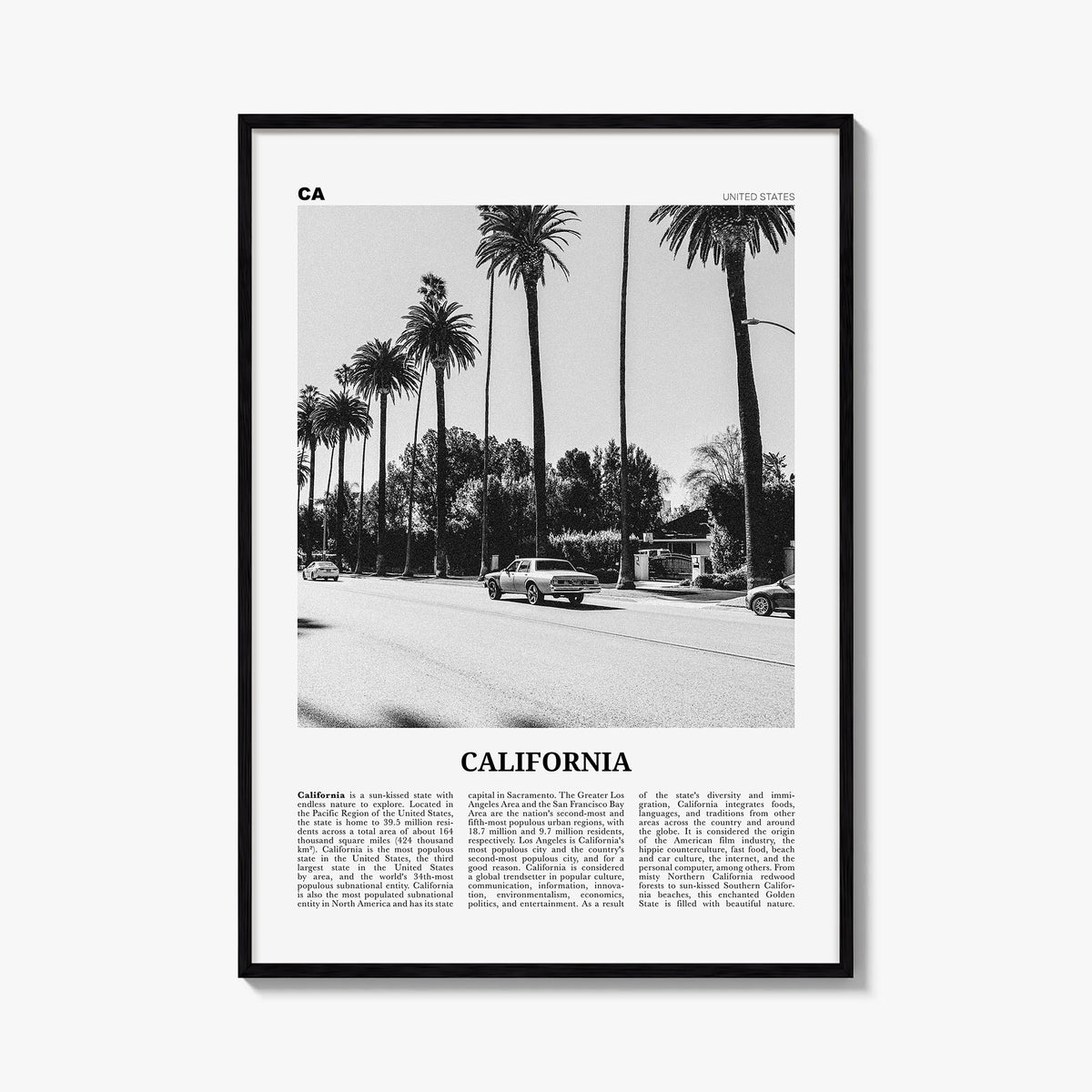 California no. 6 black & white newspaper poster of United States – vertical wall art, unframed print shown in interior mockup
