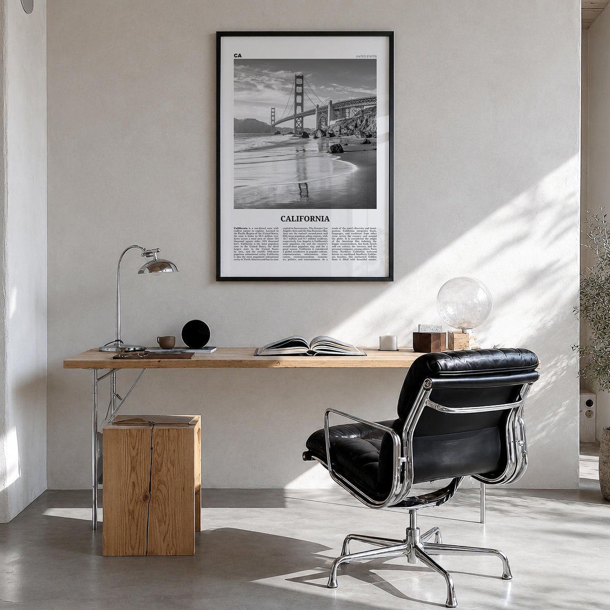 California no. 7 black & white newspaper poster of United States – vertical wall art in black wood frame, hanging on wall