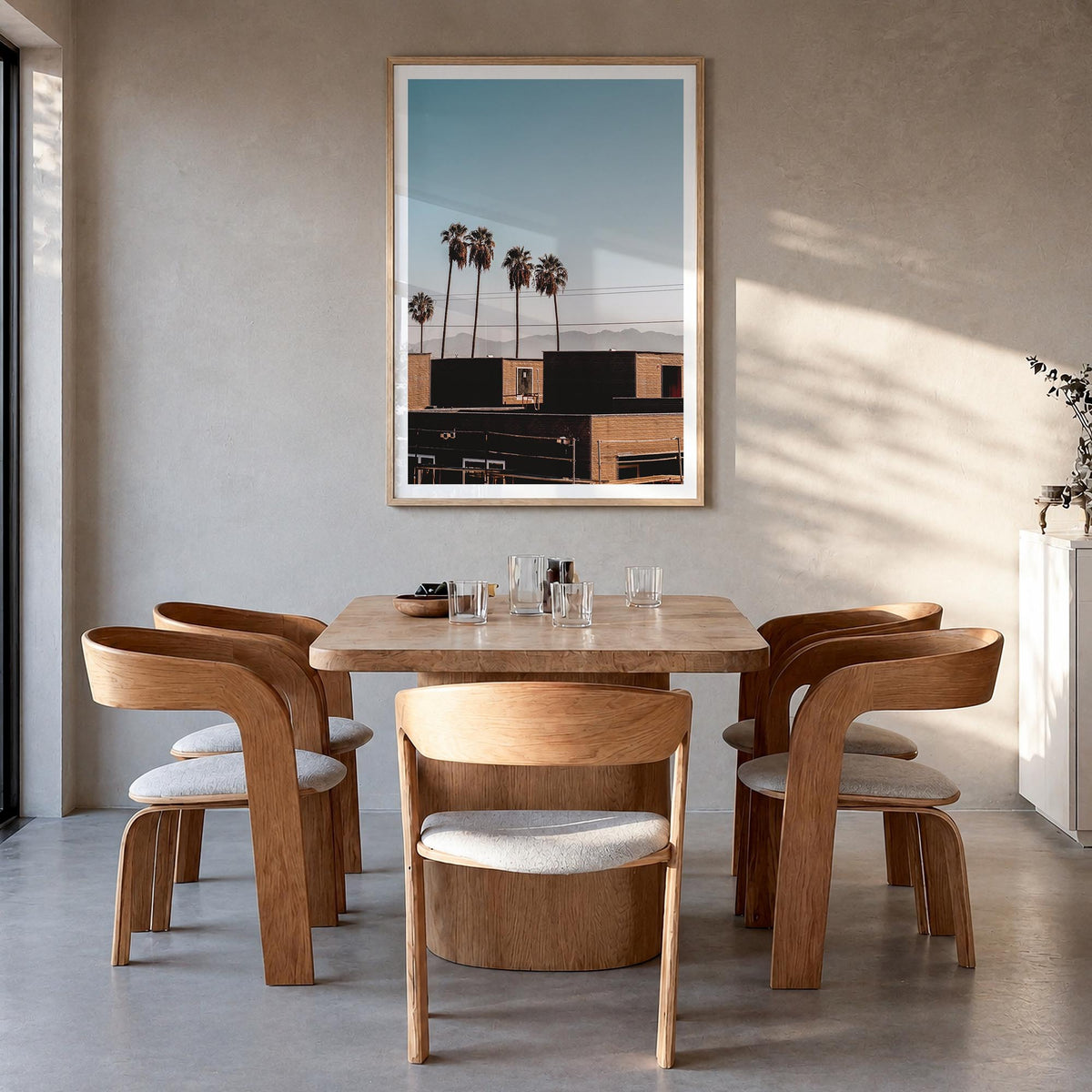 California no. 7 colorful photo poster of USA – vertical wall art in natural wood frame with white border, hanging on wall