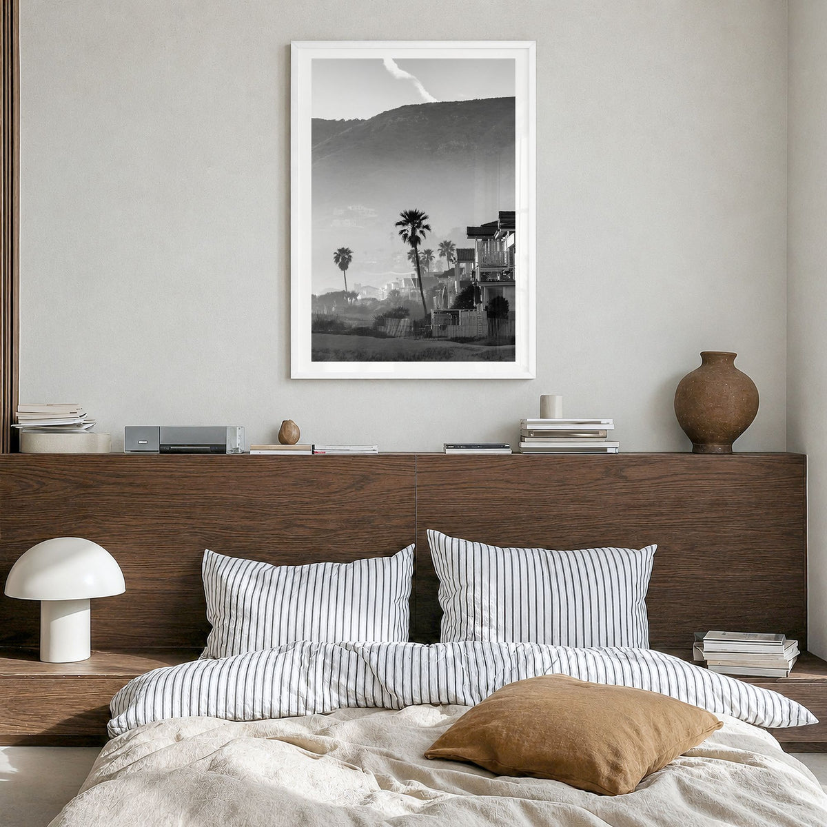 California Photo No 1 Poster in a white wood frame, hanging in a bedroom, white border