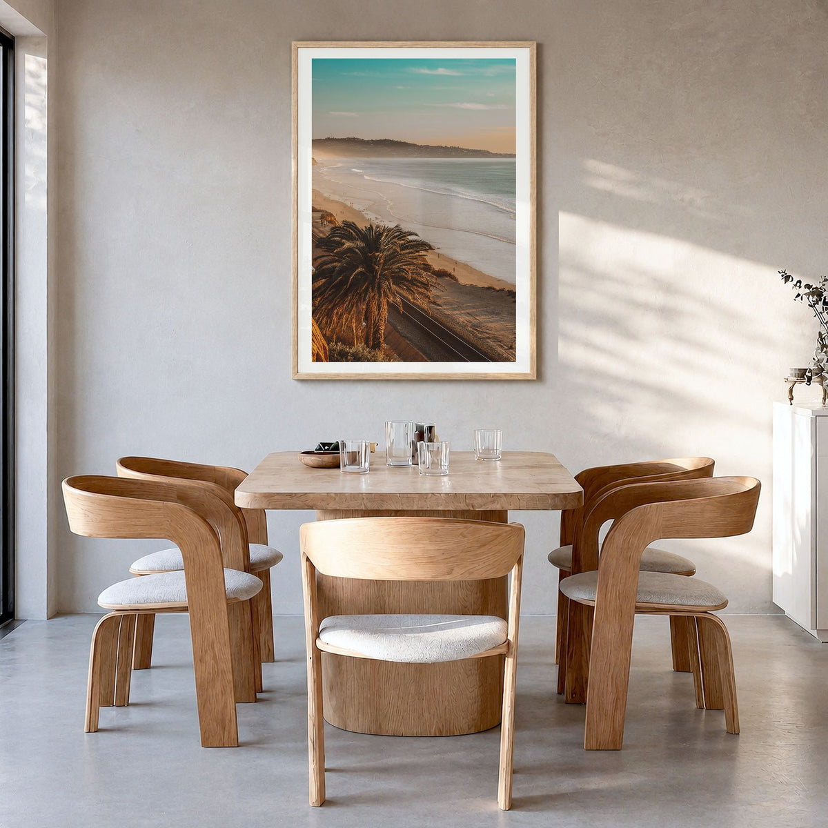 California Photo No 1 Poster in a natural wood frame, hanging in a dining room, white border