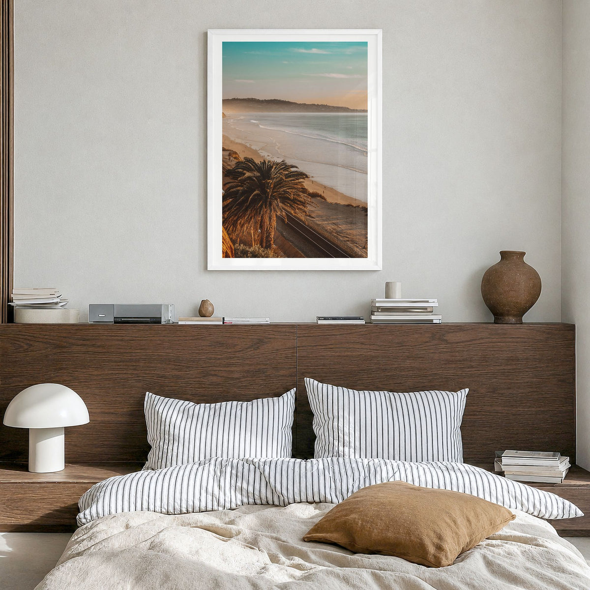 California Photo No 1 Poster in a white wood frame, hanging in a bedroom, white border
