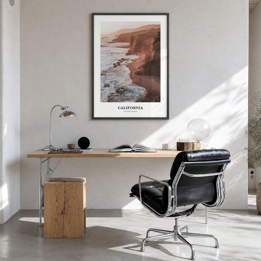 California Classic Poster in a black wood frame, hanging in a bright home office