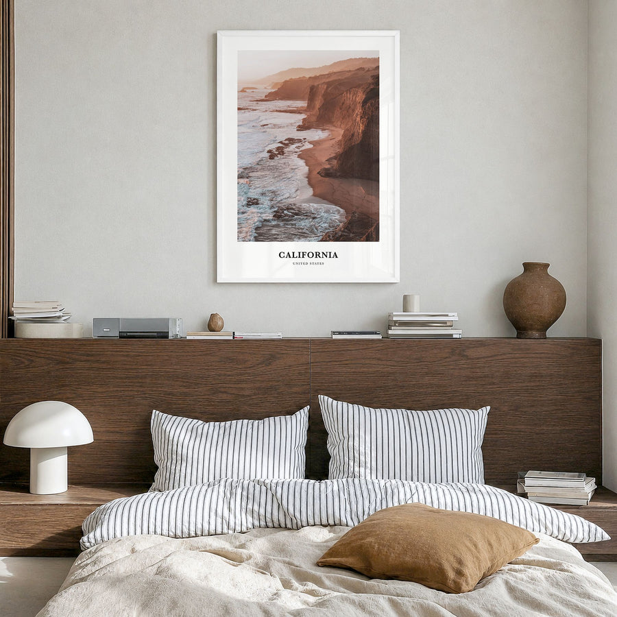 California Classic Poster in a white wood frame, hanging in a bedroom