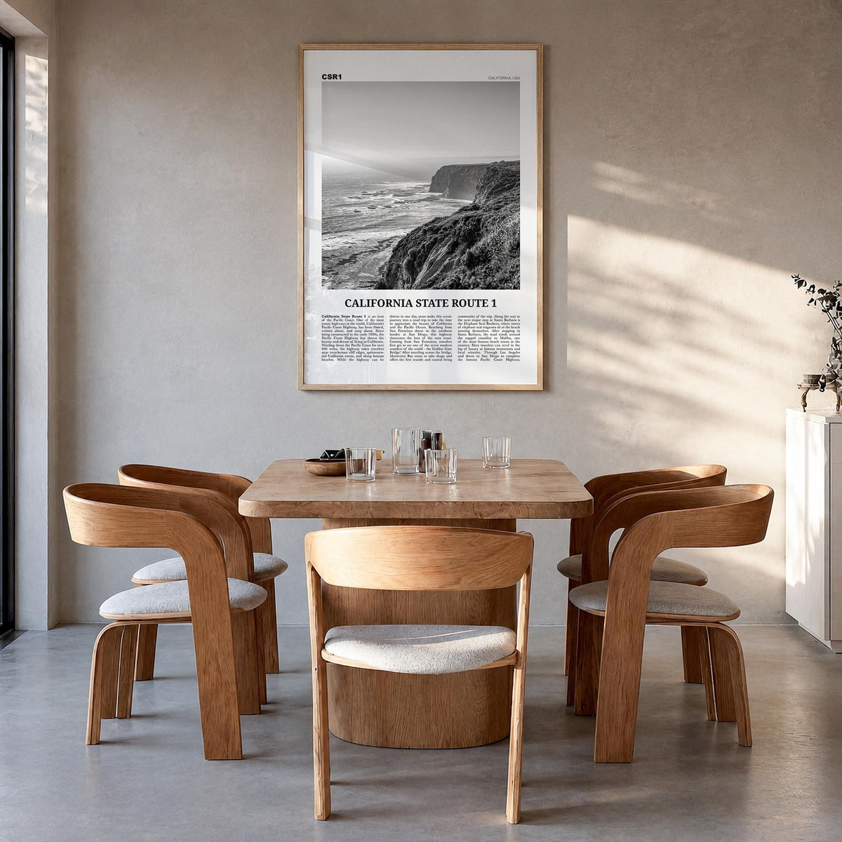 California State Route 1 black & white newspaper poster of California, USA – vertical wall art in natural wood frame, hanging