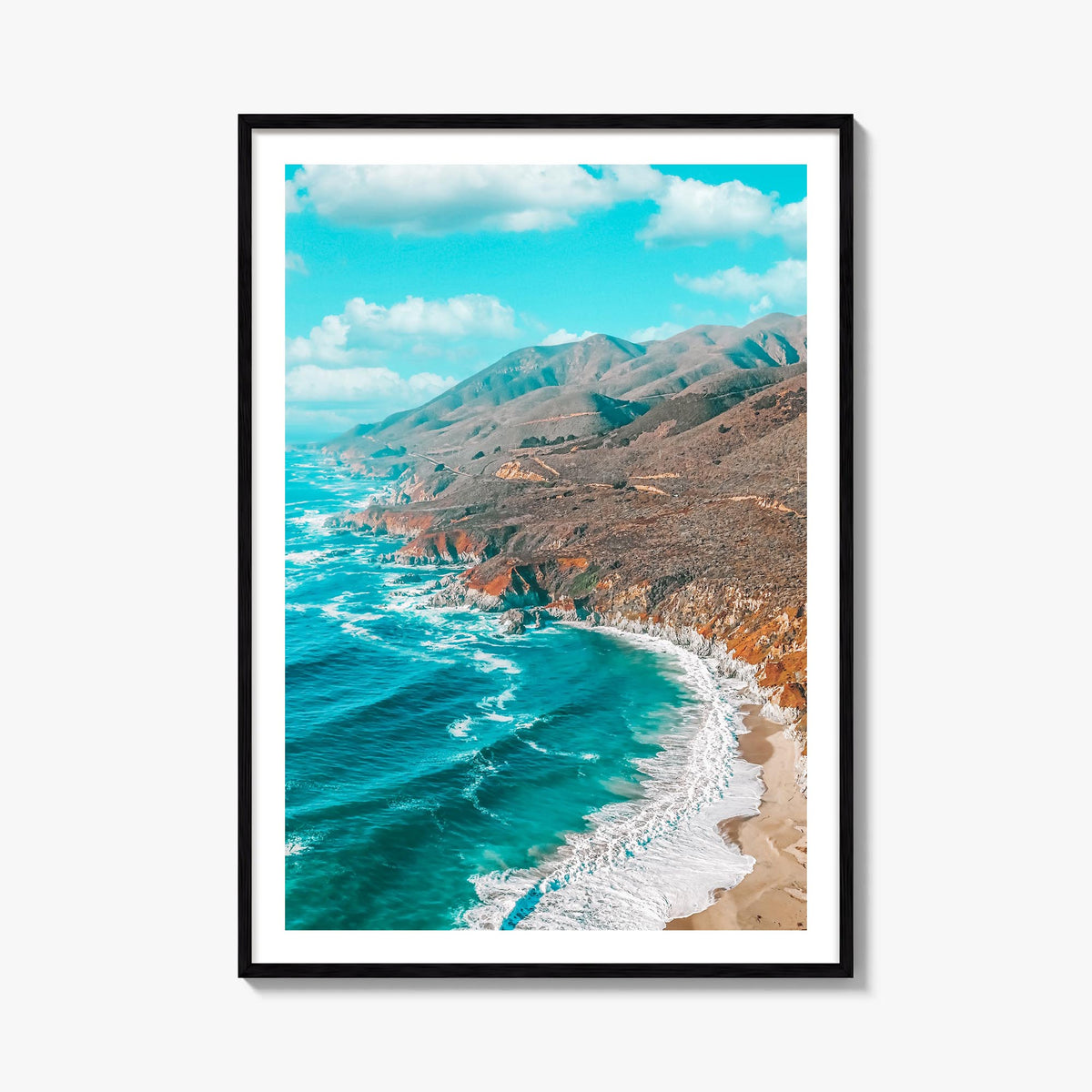 California State Route 1 colorful photo poster of California, USA – vertical wall art, unframed print shown in interior mocku