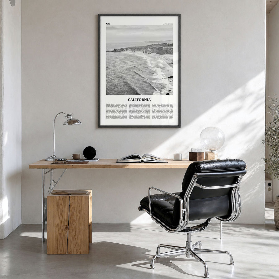 California Newspaper No 1 Poster in a black wood frame, hanging in a bright home office