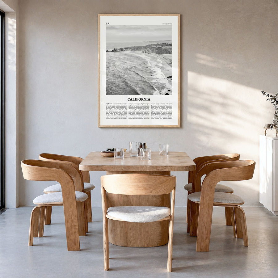 California Newspaper No 1 Poster in a natural wood frame, hanging in a dining room