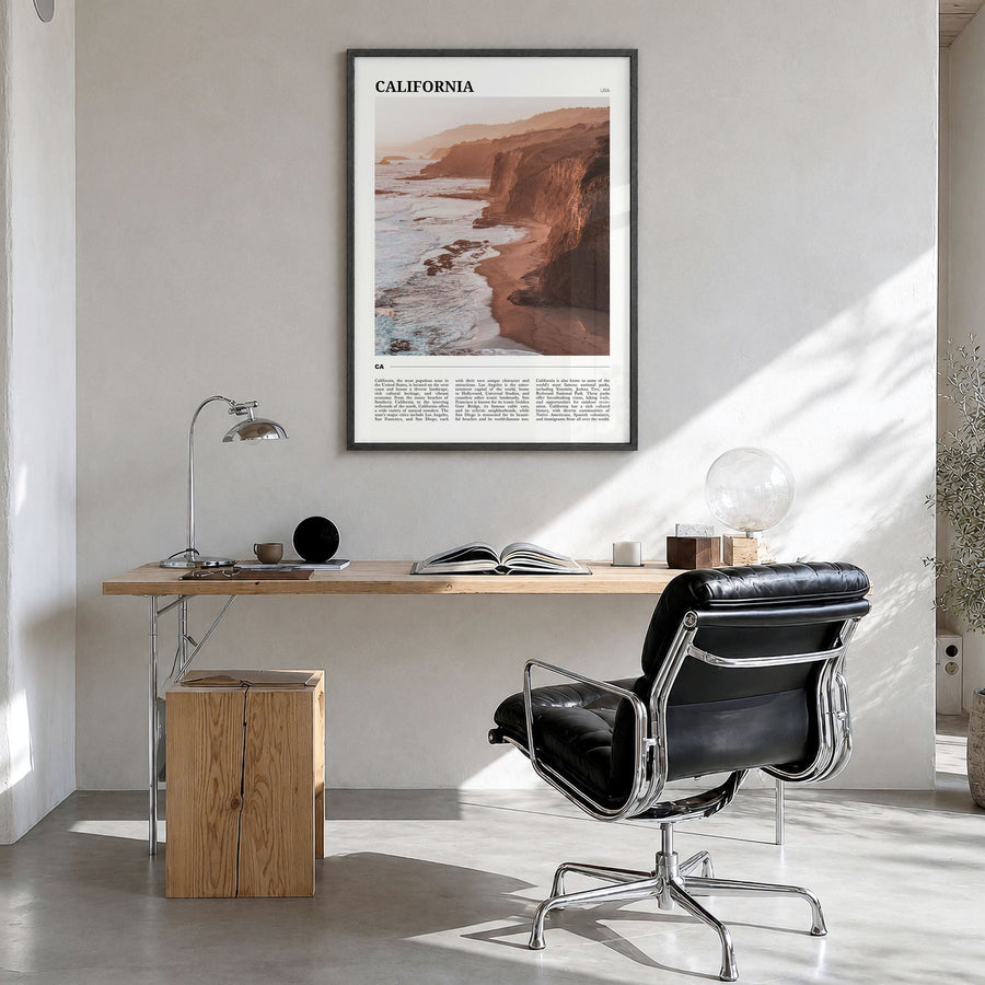 California Travel No 2 Poster in a black wood frame, hanging in a bright home office