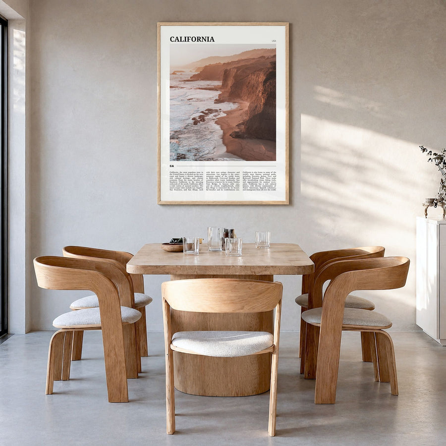 California Travel No 2 Poster in a natural wood frame, hanging in a dining room