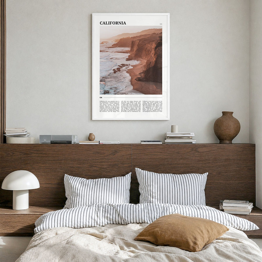 California Travel No 2 Poster in a white wood frame, hanging in a bedroom