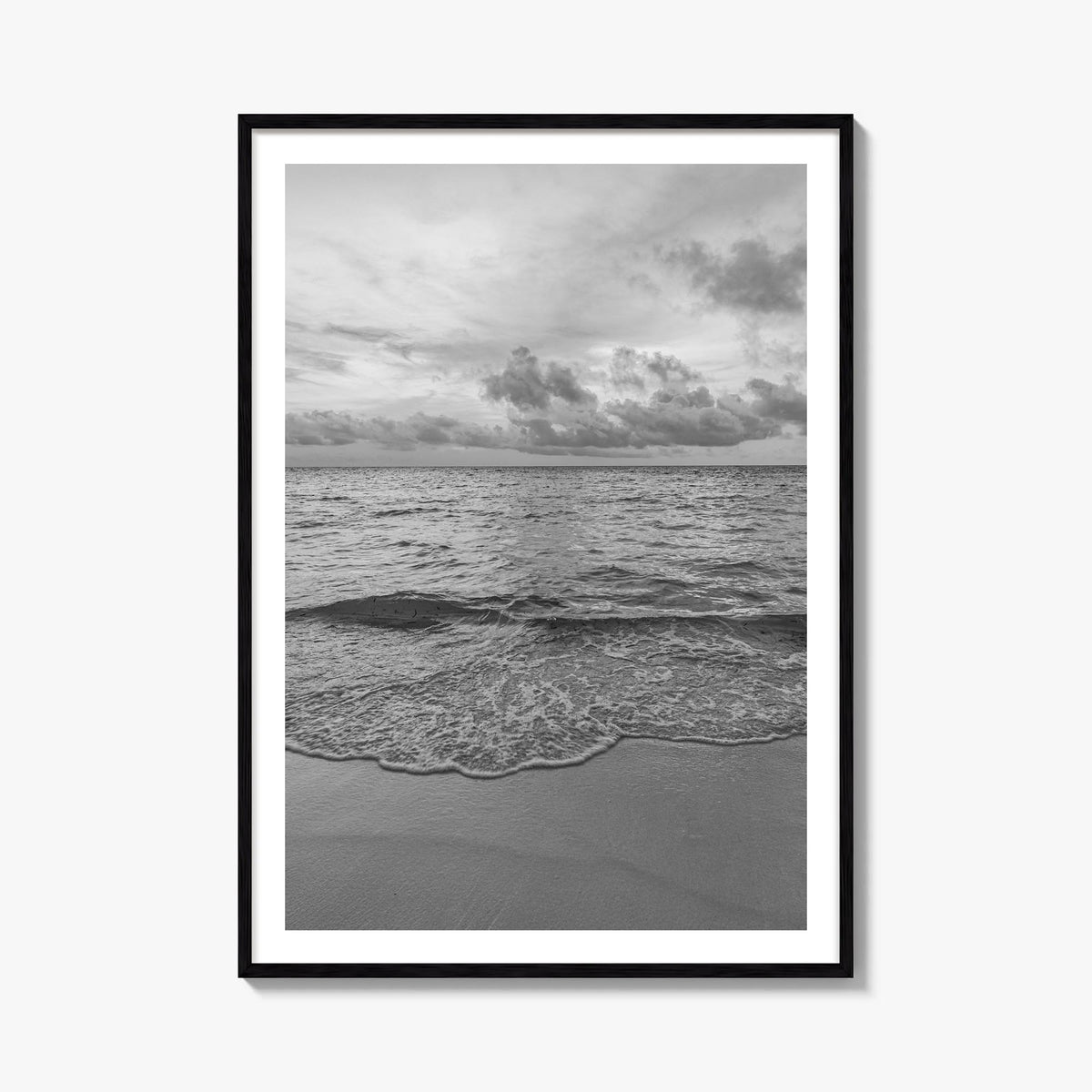 Calm Beach black & white photo poster – vertical wall art, unframed print shown in interior mockup
