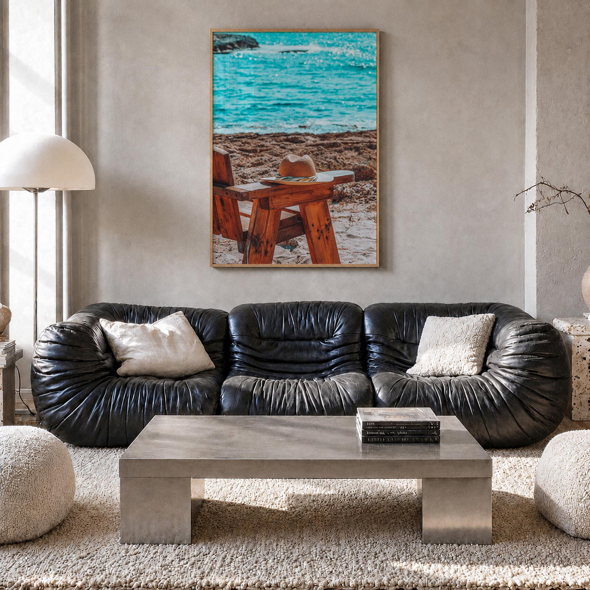 Calm Beach colorful photo poster – vertical wall art in natural wood frame, hanging on wall
