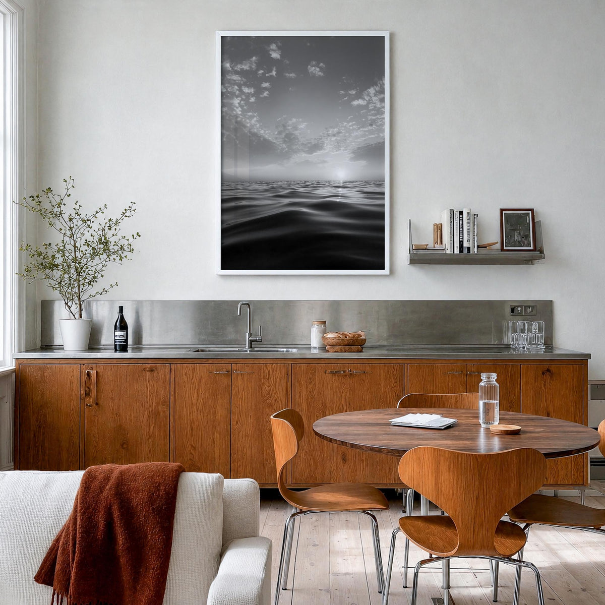Calm Sunset black & white photo poster – vertical wall art in white wood frame, hanging on wall