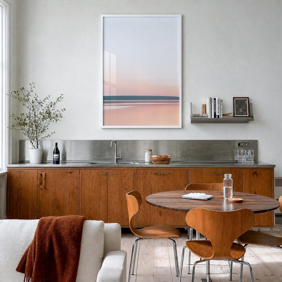 Calm Sunset no. 1 colorful photo poster – vertical wall art in white wood frame, hanging on wall