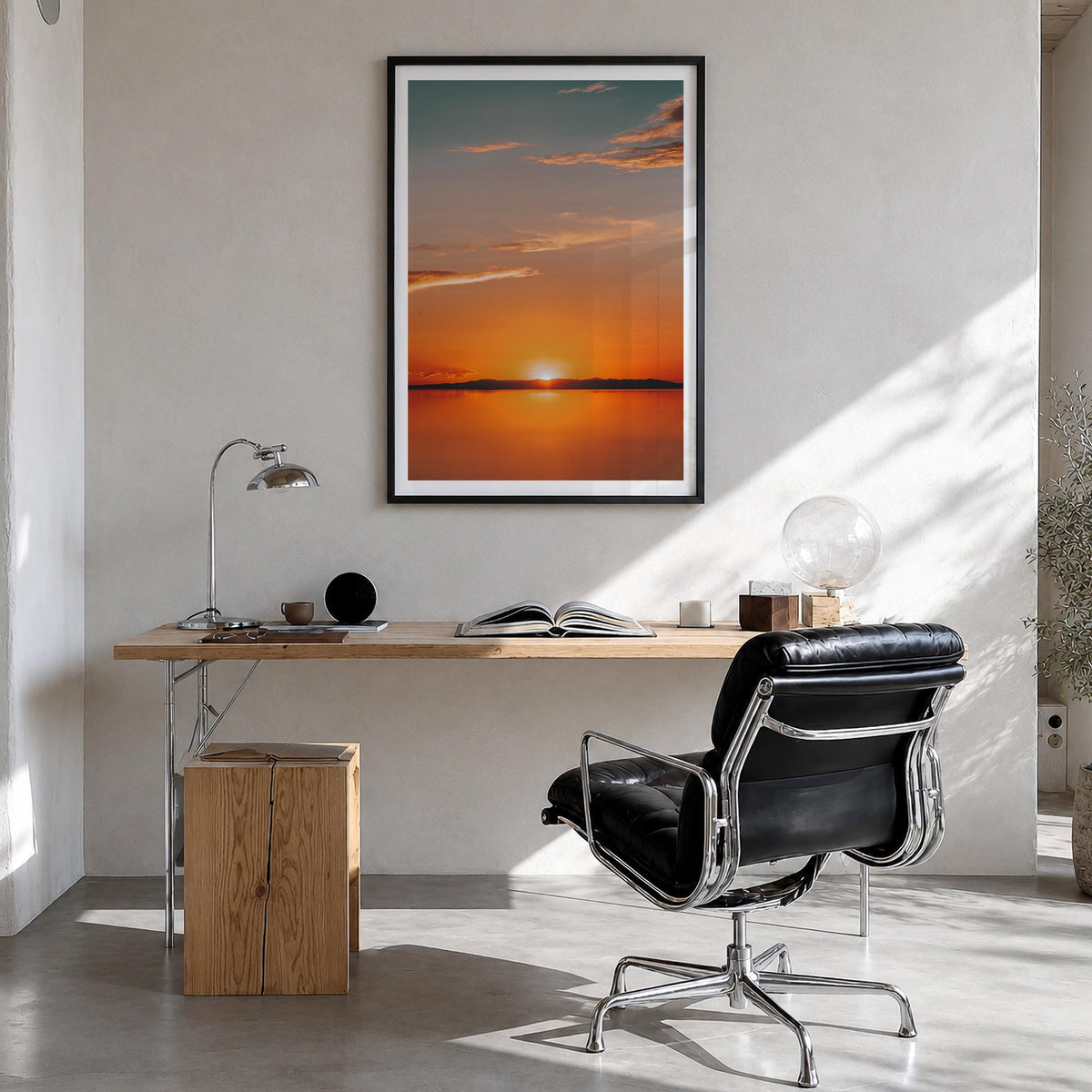 Calm Sunset no. 2 colorful photo poster – vertical wall art in black wood frame with white border, hanging on wall