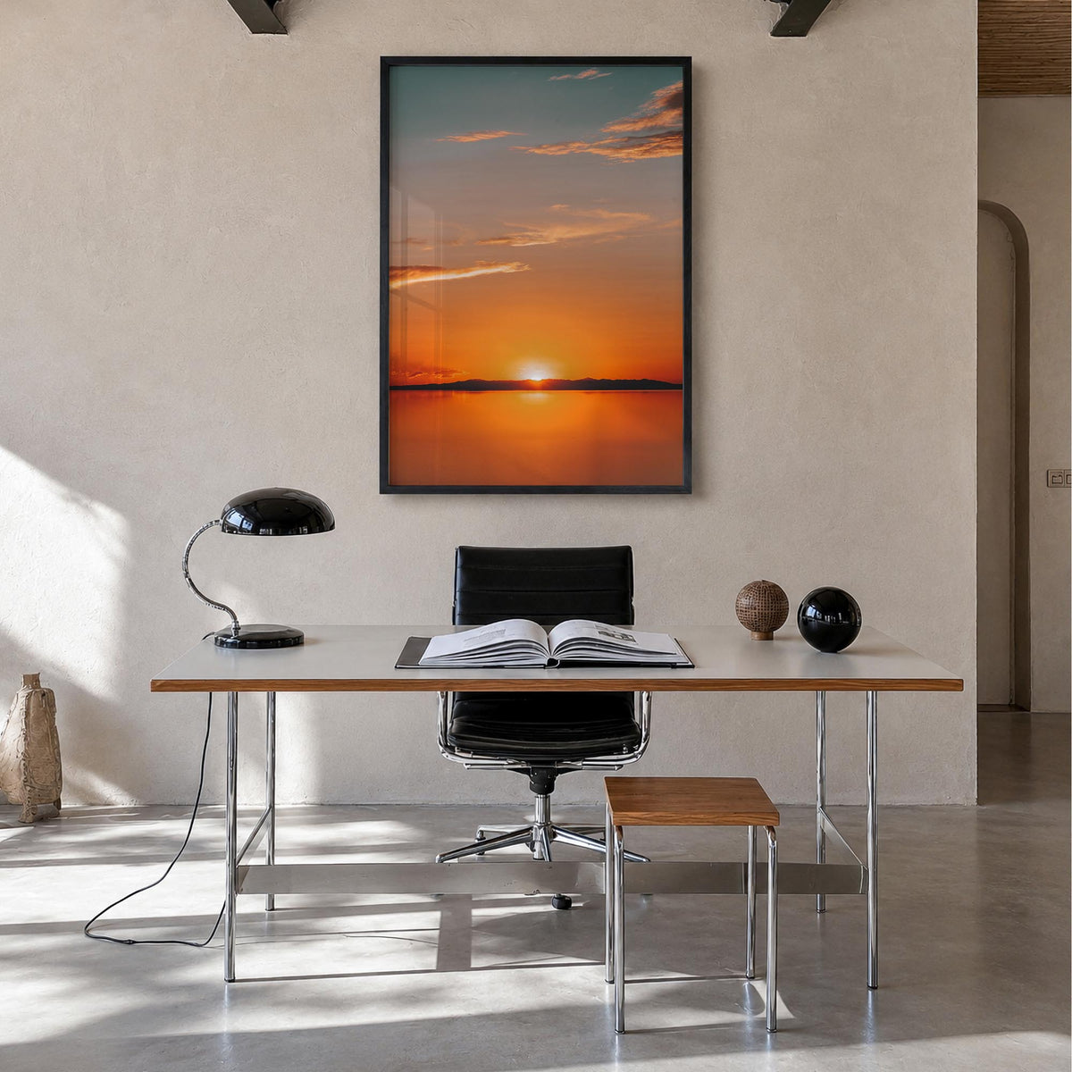 Calm Sunset no. 2 colorful photo poster – vertical wall art in black wood frame, hanging on wall