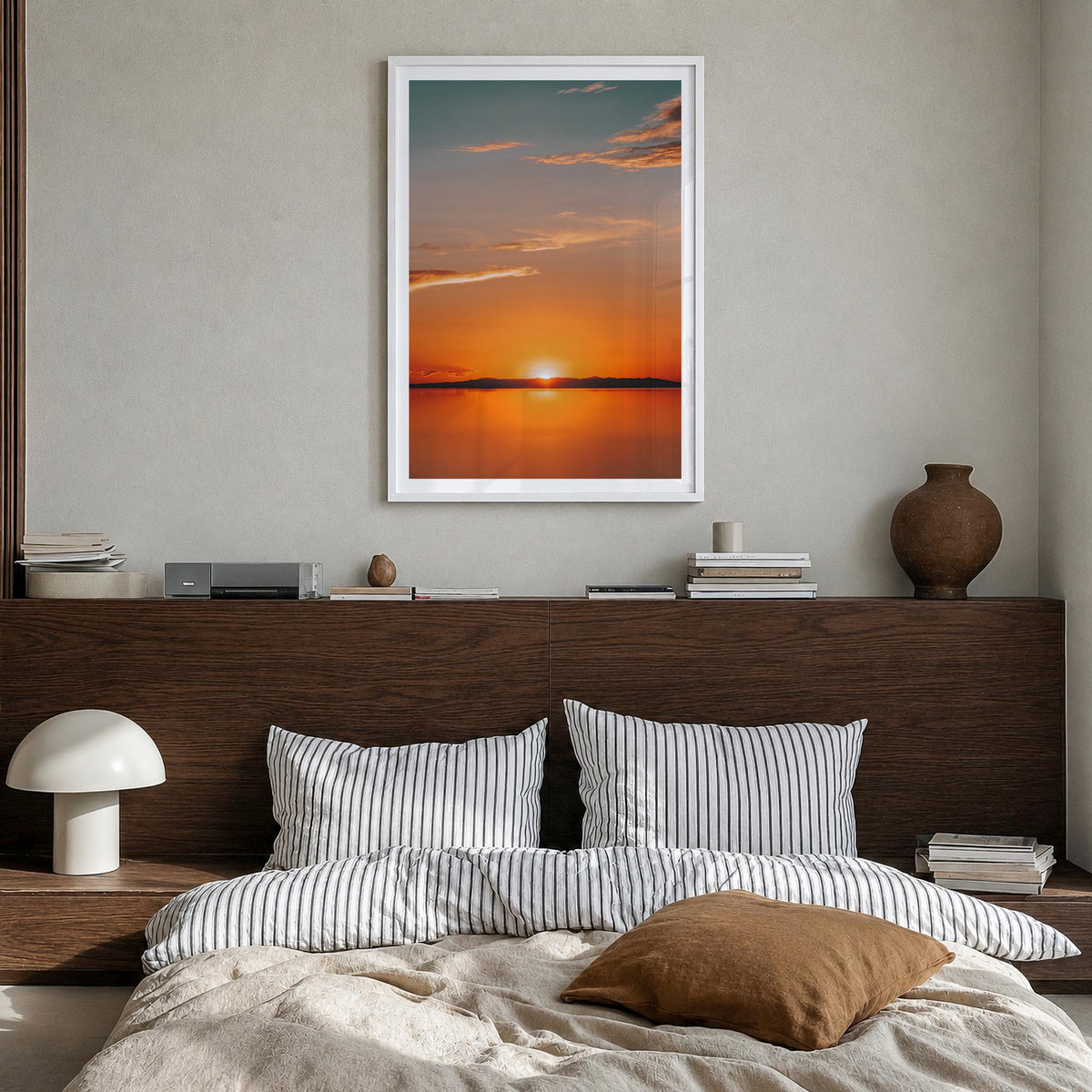 Calm Sunset no. 2 colorful photo poster – vertical wall art in white wood frame with white border, hanging on wall