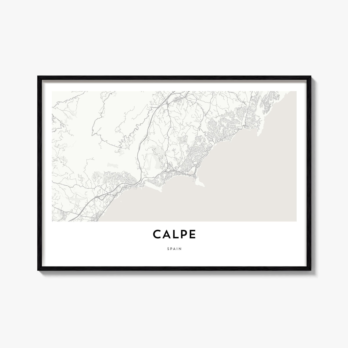 Calpe black & white map poster of Spain – horizontal wall art, unframed print shown in interior mockup