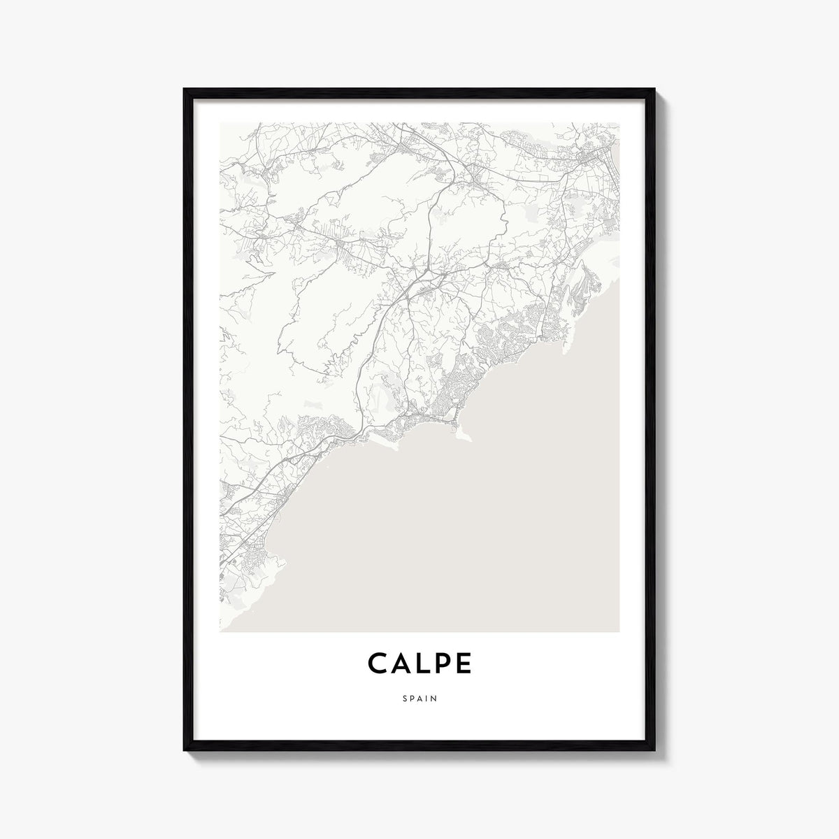 Calpe black & white map poster of Spain – vertical wall art, unframed print shown in interior mockup