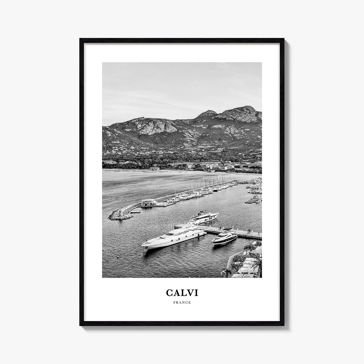 Calvi black & white classic poster of France – vertical wall art, unframed print shown in interior mockup