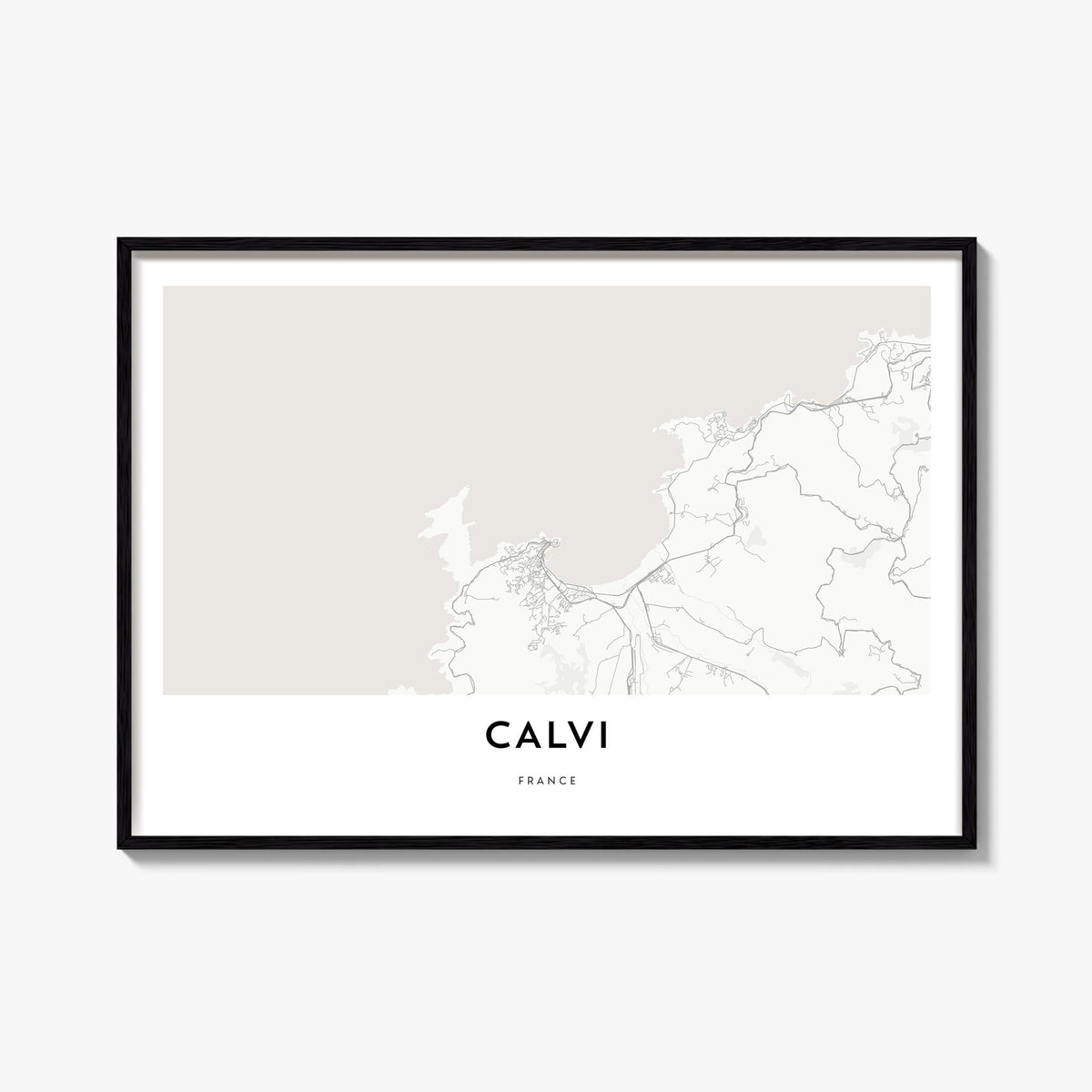 Calvi black & white map poster of France – horizontal wall art, unframed print shown in interior mockup